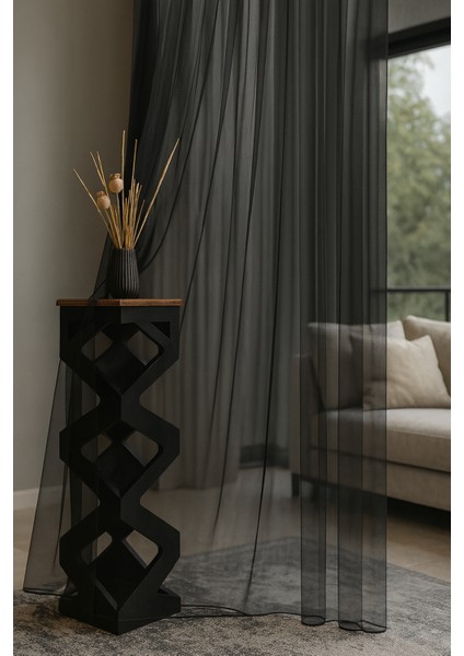 Siyah Grek Düz Tül Perde, Sık Pile, Düz, Sade, Tül Perde, Kornişli, Modern, Siyah indirimleri