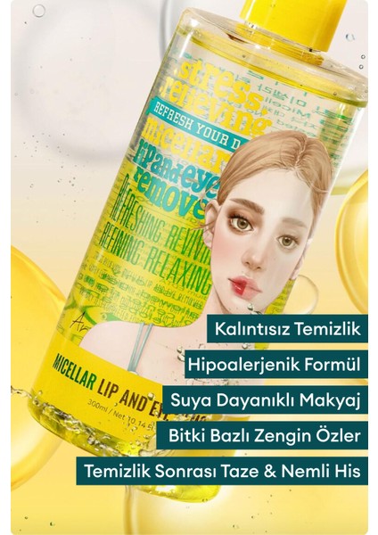 Tüm Cilt Tipleri İçin Uygun Micellar Dudak ve Göz Makyajı Temizleme Suyu Aleo Vera İçerikli 300 Ml