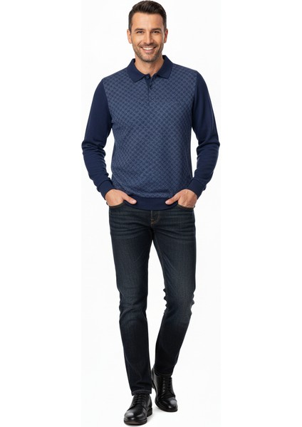 Erkek Kışlık Kazak Pamuklu Düğmeli Polo Yaka Cepli Uzun Kollu Klasik Desenli Rahat Kesim