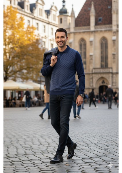 Erkek Kışlık Kazak Pamuklu Düğmeli Polo Yaka Cepli Uzun Kollu Klasik Desenli Rahat Kesim fırsatları