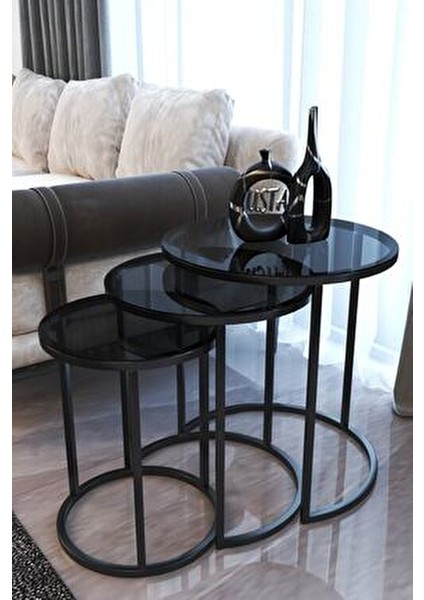 Usta Füme Cam Siyah Metal Zigon Sehpa