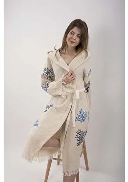 Peştemal Bornoz Pareo Pamuklu Plaj Mercan Hayat Ağacı Desenli 1 Adet Unisex Beachwear Kimono Kaftan