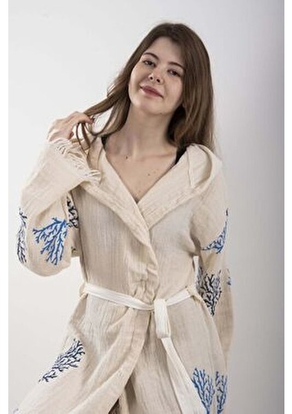 Peştemal Bornoz Pareo Pamuklu Plaj Mercan Hayat Ağacı Desenli 1 Adet Unisex Beachwear Kimono Kaftan