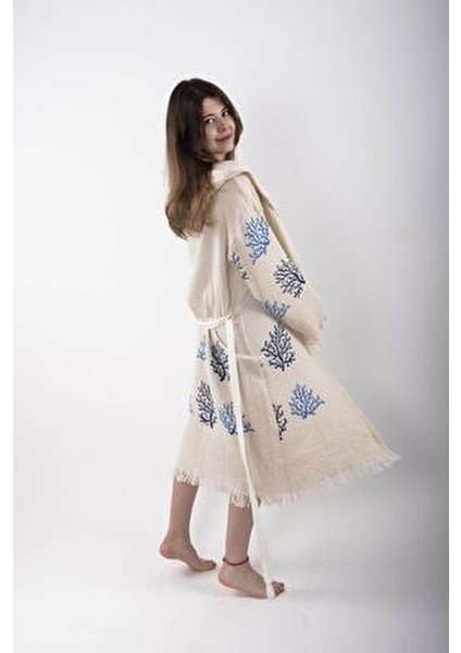 Peştemal Bornoz Pareo Pamuklu Plaj Mercan Hayat Ağacı Desenli 1 Adet Unisex Beachwear Kimono Kaftan