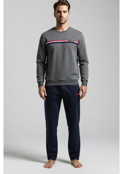 Erkek Uzun Kollu Antrasit Renk Göğüs Şeritli Düz Paça Pijama Takımı C5T2N981