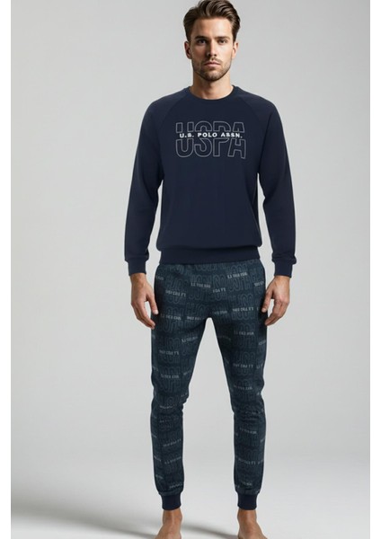 Erkek Lacivert Uzun Kollu Bisiklet Yaka Lastikli Paça Desenli Pijama Takımı C8T6N981