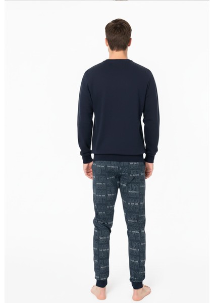 Erkek Lacivert Uzun Kollu Bisiklet Yaka Lastikli Paça Desenli Pijama Takımı C8T6N981 fiyatları