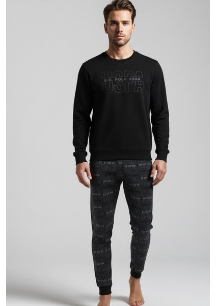 Erkek Siyah Uzun Kollu Bisiklet Yaka Lastikli Paça Desenli Pijama Takımı C8T6N981