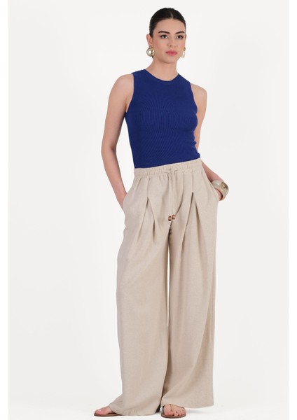 Darina A Pileli Beli Lastikli Salaş Pantolon Bej