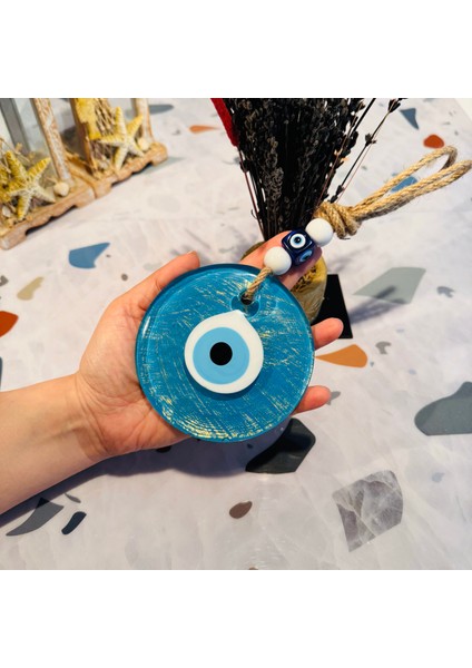 El Yapımı Hediyelik Dekoratif Nazar Boncuğu, Simli ve İpli, Turkuaz 11 cm Kapı ve Duvar Süsü, Cam Nazarlık