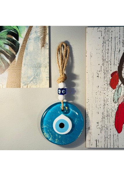 El Yapımı Hediyelik Dekoratif Nazar Boncuğu, Simli ve İpli, Turkuaz 11 cm Kapı ve Duvar Süsü, Cam Nazarlık indirimleri