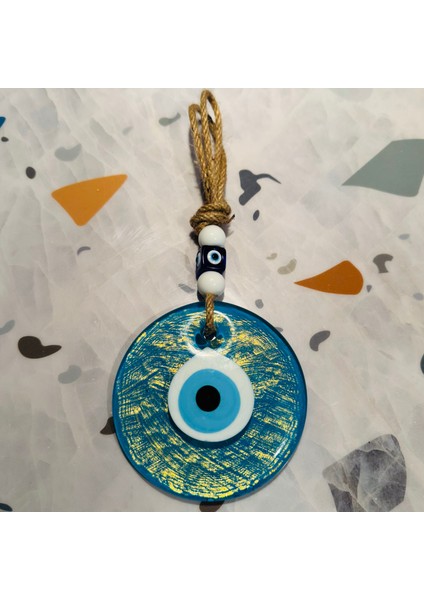 El Yapımı Hediyelik Dekoratif Nazar Boncuğu, Simli ve İpli, Turkuaz 11 cm Kapı ve Duvar Süsü, Cam Nazarlık