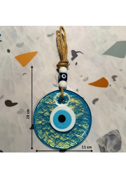 El Yapımı Hediyelik Dekoratif Nazar Boncuğu, Simli ve İpli, Turkuaz 11 cm Kapı ve Duvar Süsü, Cam Nazarlık