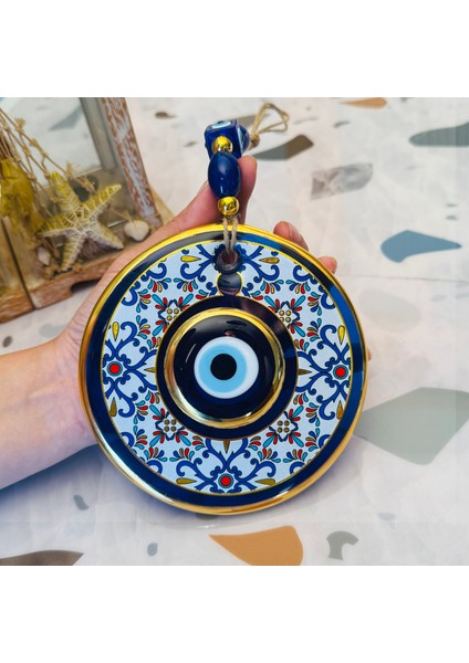 El Yapımı Hediyelik Dekoratif Nazar Boncuğu, Yaldızlı ve Ipli, 13 cm Duvar Süsü, Cam Nazarlık