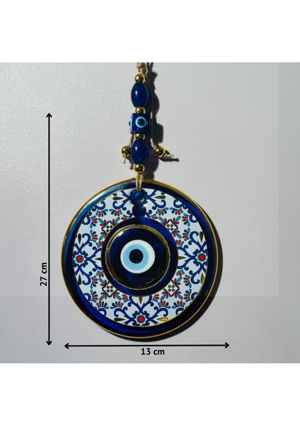El Yapımı Hediyelik Dekoratif Nazar Boncuğu, Yaldızlı ve Ipli, 13 cm Duvar Süsü, Cam Nazarlık