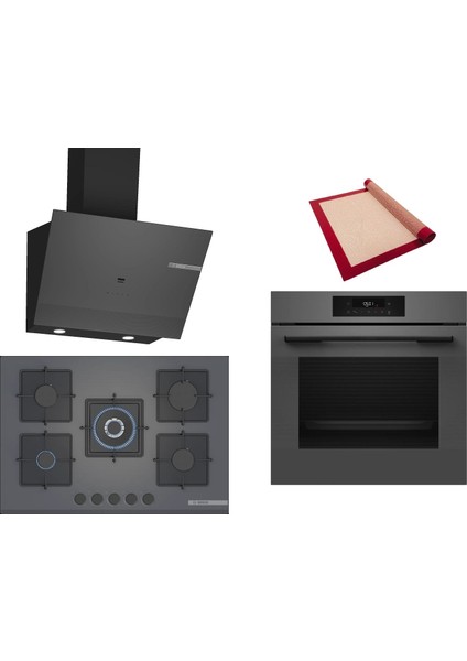 Gri 3 Lü Ankastre Set 369 ( HJG852YN0T - PNQ7B9P30O - DWK67PJ70T ) 75CM Wok Bek Ocak - 3D Fry Hava ile Kızartma - Pişirme Matı ile