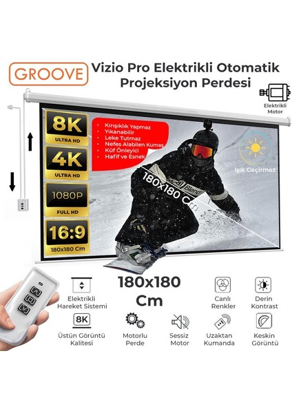 Vizio Pro 180X180CM Blackout Işık Geçirmez Elektrikli Otomatik Kumandalı Projeksiyon Perdesi +Motorlu+Canlı Renkler+Göz Koruması+Leke Tutmaz Projector