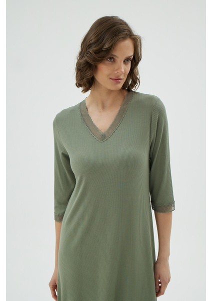 Kadın Haki Dantel Detaylı V Yaka Kısa Kollu Gecelik C3T1N171 modelleri