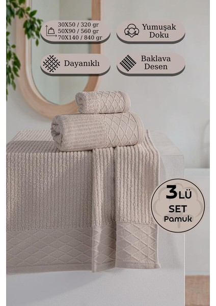 Cumba %100 Pamuk 3’lü Havlu Takımı - 30X50, 50X90, 70X140 modelleri