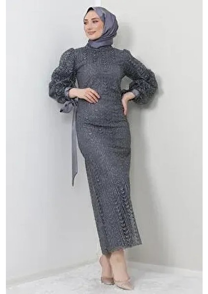Inci Tesettür Abiye Koyu Gri