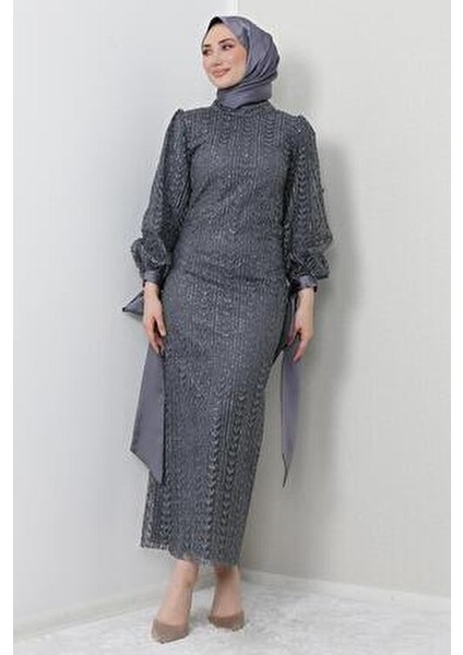 Inci Tesettür Abiye Koyu Gri modelleri