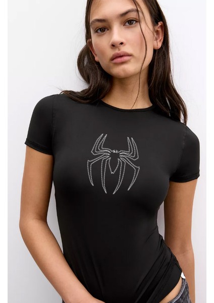 -Kadın Kristal Taş Baskılı Spider Crop T-Shirt Siyah