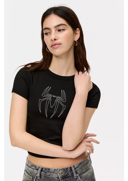 -Kadın Kristal Taş Baskılı Spider Crop T-Shirt Siyah fiyatları