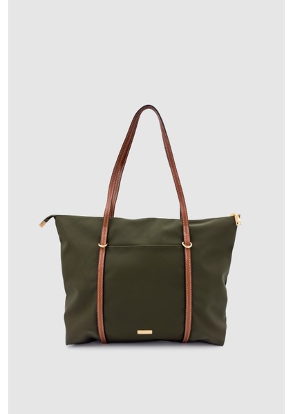 Velie Paraşüt Kumaş Şeritli Shopper Çanta Haki-Taba