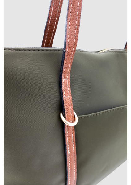 Velie Paraşüt Kumaş Şeritli Shopper Çanta Haki-Taba fırsatları