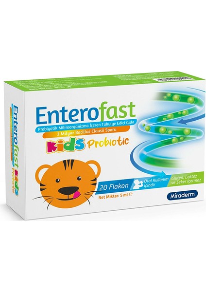Enterofast Kids Probiyotik - 2 Milyar Bacillus Clausii Sporu, Gluten, Laktoz ve Şeker İçermeyen, 20 Adet (5 ml) Flaşon fiyatları