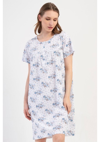 Kadın Büyük Beden Kısa Kol Mavi Gecelik %100 Pamuk C4T8N7O161