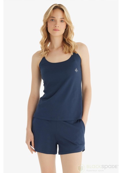 Kadın Şortlu Ince Askı Lacivert Pijama Takımı C1T4N8O15
