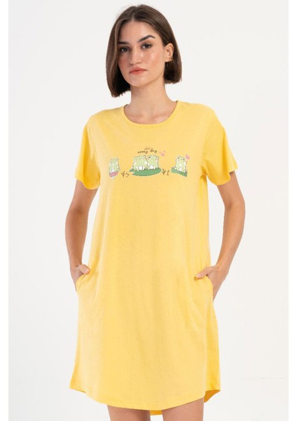Kadın Kısa Kol Sarı Gecelik %100 Pamuk C5T7N0O704