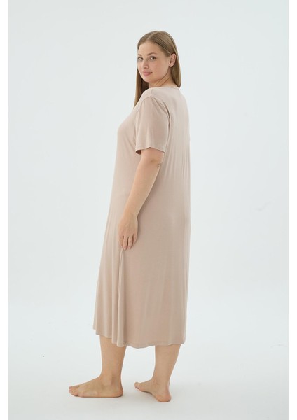 Kadın Büyük Beden V Yaka Dantel Detaylı Kısa Kollu Bej Gecelik C8T5N371 modelleri