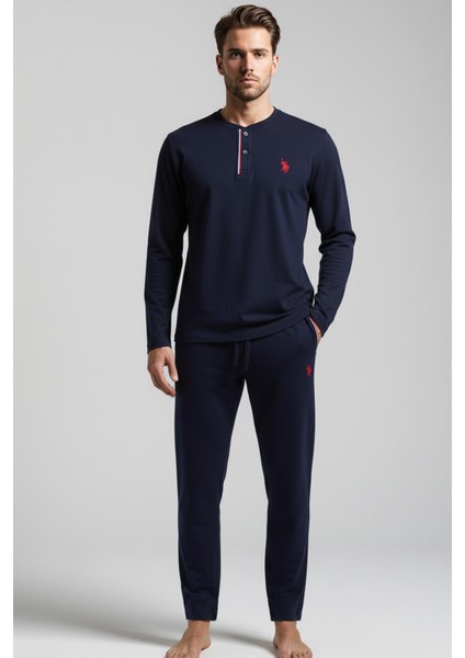 Erkek Uzun Kollu Lacivert Düğmeli Yaka Düz Paça Pijama Takımı C8T5N981