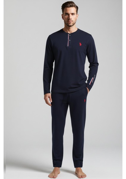 Erkek Uzun Kollu Lacivert Düğmeli Yaka Düz Paça Pijama Takımı C9T5N981