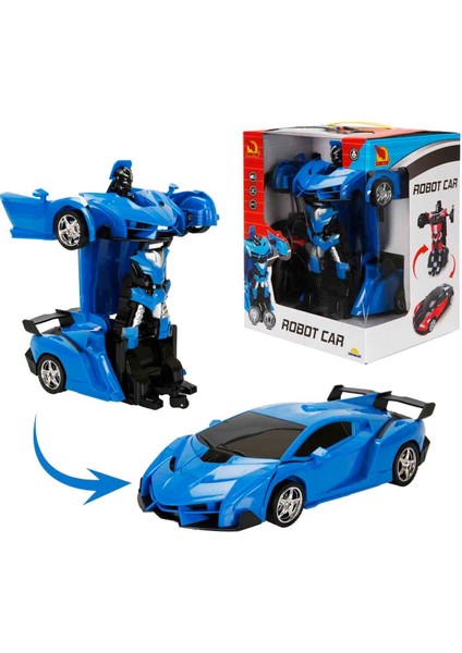 Işıklı USB Şarjlı Uzaktan Kumandalı Arabaya Dönüşebilen Robot - Mavi