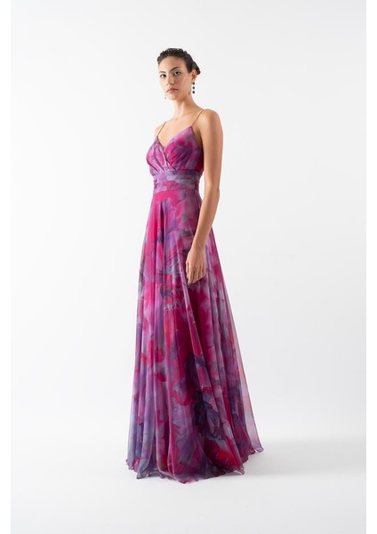Demetrioı Ince Askılı Kruvaze Bel Drapeli Kloş Uzun Abiye Elbise Fuşya