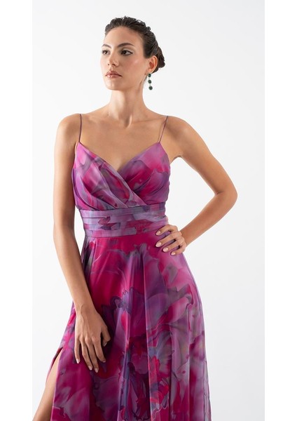 Demetrioı Ince Askılı Kruvaze Bel Drapeli Kloş Uzun Abiye Elbise Fuşya modelleri