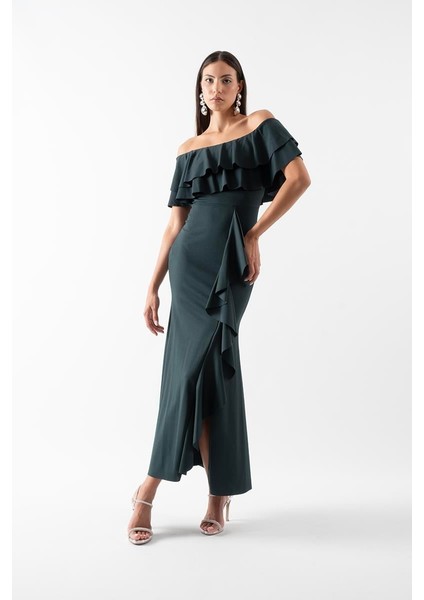 Adio Volanlı Uzun Abiye Elbise Zümrüt