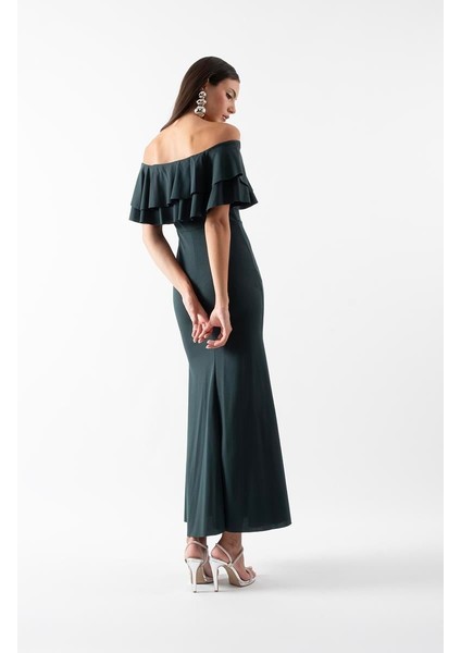 Adio Volanlı Uzun Abiye Elbise Zümrüt fiyatları