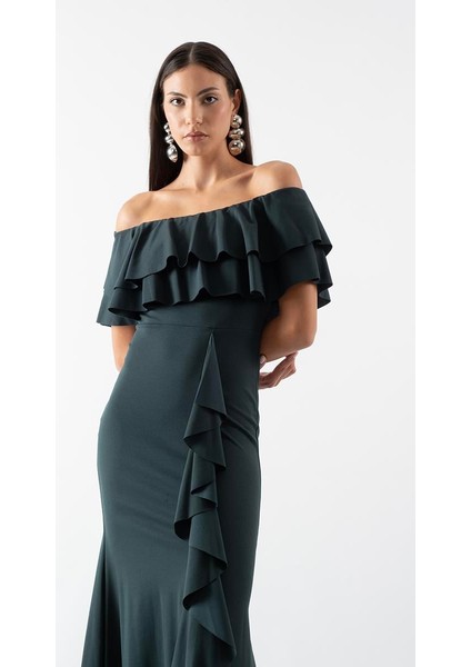 Adio Volanlı Uzun Abiye Elbise Zümrüt fırsatları