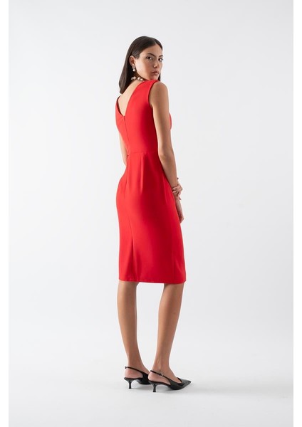 Fairlie Önü Arkası V Yakalı Beli Drapeli Gül Detaylı Yırtmaçlı Kısa Abiye Elbise Kırmızı fırsatları