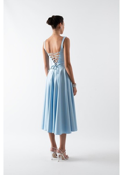 Nema Sırtı Çapraz Bağlamalı U Yaka Midi Abiye Elbise Mavi fiyatları