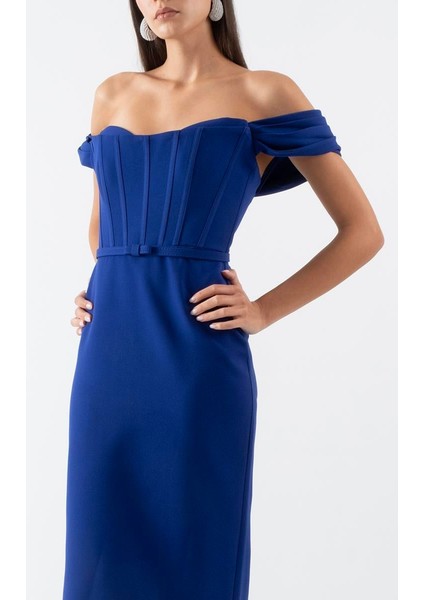 Delfa Straplez Düşük Kol Fiyonk Kemerli Kısa Abiye Elbise Saks fırsatları