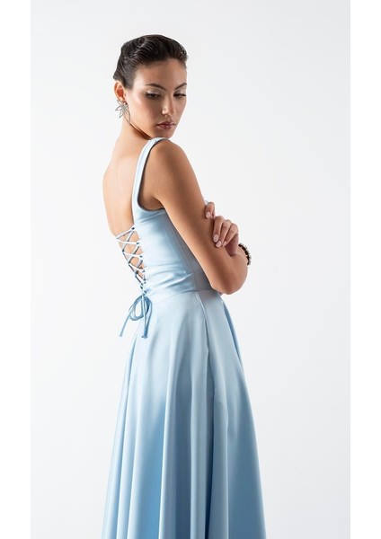 Nema Sırtı Çapraz Bağlamalı U Yaka Midi Abiye Elbise Mavi modelleri