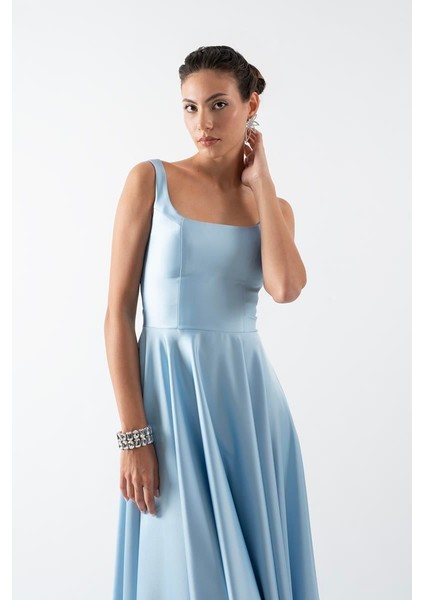 Nema Sırtı Çapraz Bağlamalı U Yaka Midi Abiye Elbise Mavi fırsatları