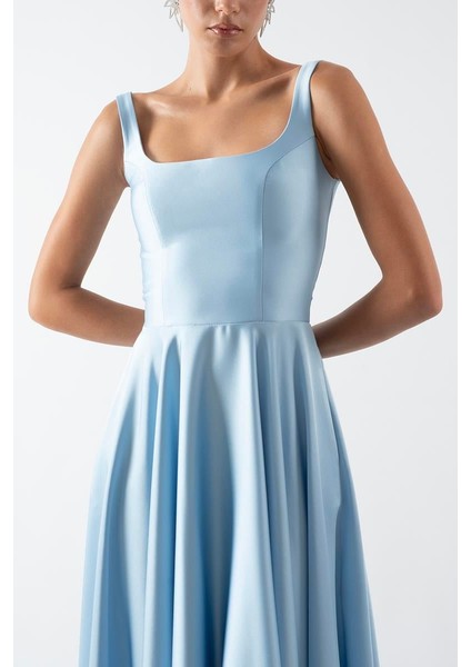 Nema Sırtı Çapraz Bağlamalı U Yaka Midi Abiye Elbise Mavi indirimleri