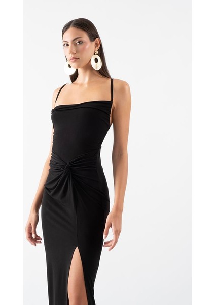 Perabo Degaje Yaka Bel Düğümlü Yırtmaçlı Uzun Abiye Elbise SİYAH