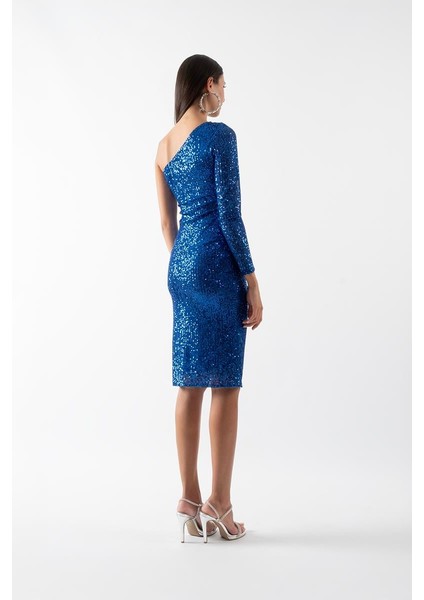 Orania Tek Kol Straplez Büzgülü Yırtmaçlı Kısa Abiye Elbise Saks fiyatları